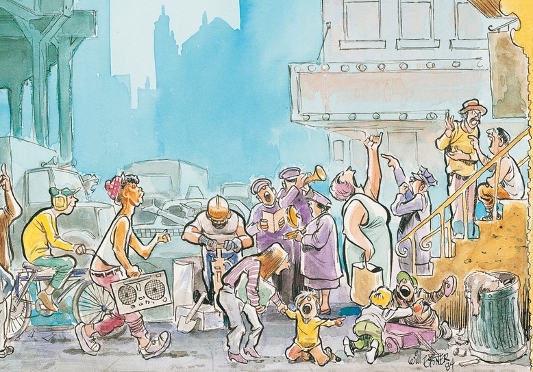 Extrait de couverture de l'édition française de l'intégrale "New York Trilogie" de Will Eisner